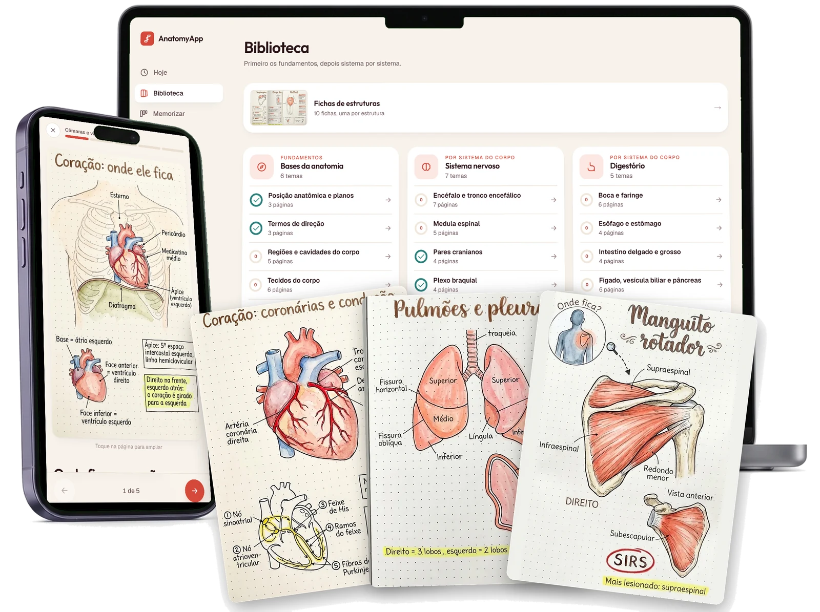 AnatomyApp no celular e no notebook, com mapas de anatomia